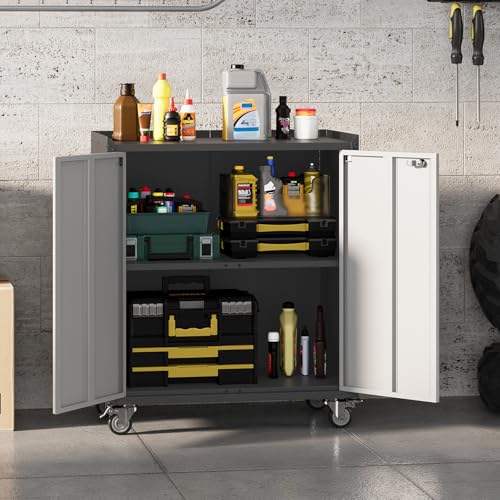 Curtainboro 30" Rolling Metal Storage Cabinet with Lock – Grey Doors, Adjustable Shelves, Assembly Required (Transitional)