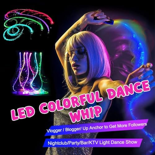 6ft Fiber Optic Whip for Dance USB Rechargeable,360°Swivel,Rainbow LED Light Effect,Great for Rave Party,Light Shows,Music Festival,Christmas Gift (7 Colors+23 Modes+1200mAh Battery)