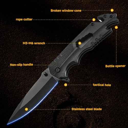 Pocket Knife with Serrated Clip Blade, Folding Pocket Knife for Outdoor Tactical Survival and EDC, Survival Knife Liner-Lock Belt Clip, Hunting, Camping, Broken Glass, Unique Gifts for Friends