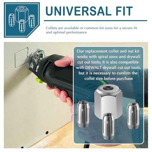 Dreyoo Replacement Collet and Nut Kit Compatible with CN1, Silver, 3 Collets (1/8-inch, 5/32-inch, 1/4-inch) and 1 Nut for Spiral Saw Tools and Drywall Cut out Tools(Silver)