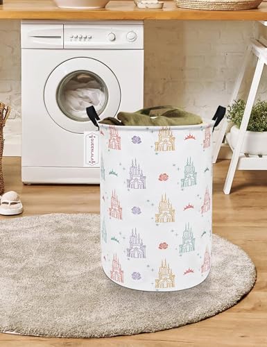QUEENLALA Round Foldable Waterproof Laundry Basket - Rose Castle Pattern, 15.7x19.7 in