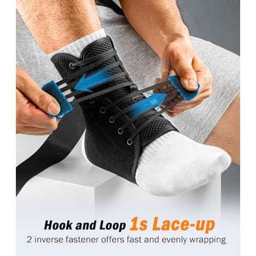 Slim-Fit Ankle Brace for Sprained Ankle, Velcro Lace Up Ankle Support for Women Men With 2 Auto-Shaped Pads, Air Fabric Cool Ankle Stabilizer for Injury Recover, Running,Sports, M(12¡±-13¡±)