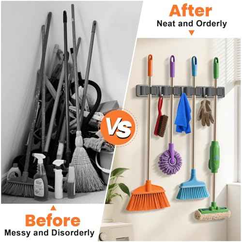 Broom Holder Wall Mount, Mop and Broom Hanger Wall Mount for Organizing and Storing Items in Household Kitchens, Gardens, Laundries (4 Racks & 3 Hooks, Grey)