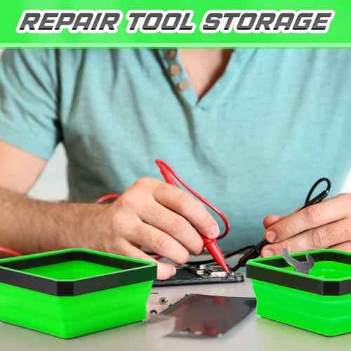 Barydat 10 Pcs Magnetic Tool Tray Collapsible Foldable Parts Trays Set Magnetic Screw Tray Magnetic Parts Bowl Square Silicone Magnetic Tool for Bolts Nuts Washers Pins Screw Parts (Green)