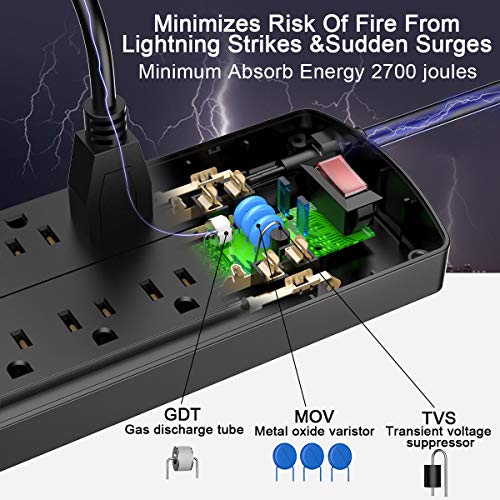 Alestor 6 Ft Black Surge Protector Power Strip with 12 Outlets & 4 USB Ports