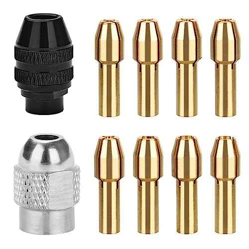 AccEncyc 10Pcs Drill Chuck Collet Set for Dremel with 4485 Brass Collet Set 4486 Keyless Chuck for Dremel Rotary Tool 1/32" to 1/8" Keyless Drill Chuck Brass Chuck Collet Nut for Dremel