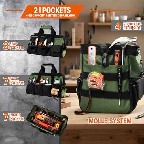 LLNDEI Heavy Duty Tool Bag, 15 Inch Portable Tool Organizer With 16-Pocket, Adjustable Strap & MOLLE System,Ideal Gift For Men & Fathers