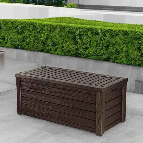 Keter Westwood 150 Gallon Deck Box Organizer, Doubles as 2-Person Bench Seat, Brown ? Large Resin Outdoor Storage and Seating with Lockable Lid for Garden, Pool, and Patio