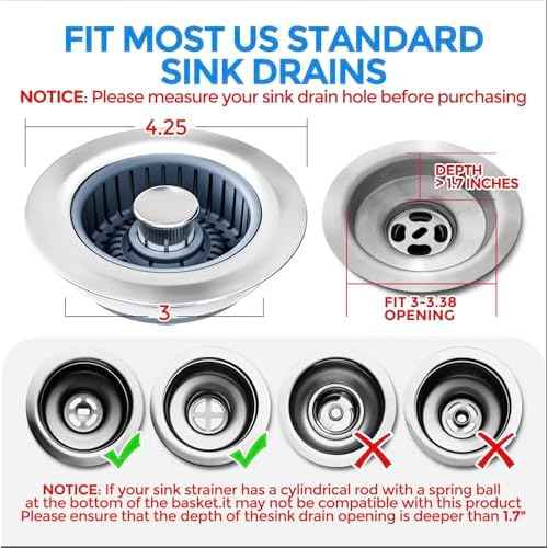 Upgraded 3in1 Kitchen Sink Drain Strainer & Sink Stopper, Stainless Steel Kitchen Drain Plug & Sink Installation Parts with Anti-Clogging Basket, Fit US Standard 3-1/2'' Sink Drain Hole, Silver