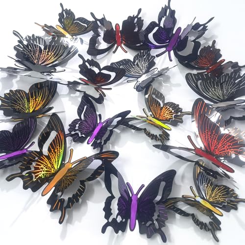 Ewong 3D Butterfly Wall Decoration, 48 Pcs PVC Butterfly Wall Decals Removable Waterproof Sticker Mural Art Home Bedroom Bathroom Office Birthday Party Decor (Multicolor Black)
