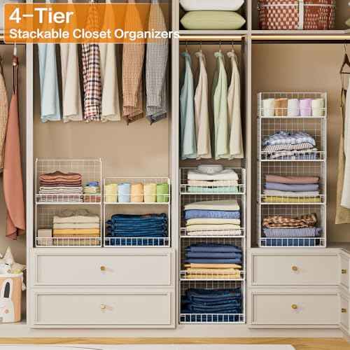 4 Tier Stackable Closet Organizers and Storage Shelves, Foldable Closet Shelf Organizer System, Stackable Storage Bins Drawers for Clothes Organizer System, White(Patent Pending)