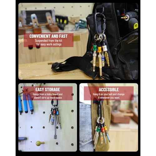 Katerk Bit holder Keychain Light-weight Extra 2 Black Carabiners Portable 6 pcs 1/4 inch Hex Shank Drill Screw Adapter Quick-change Screwdriver Electrician