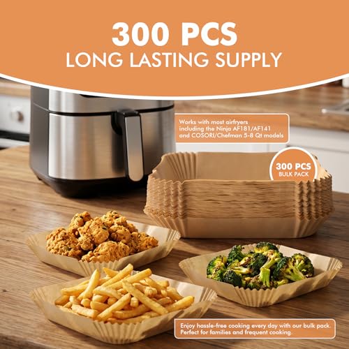 HOTEC 300-Count 8in Square Air Fryer Liners, 5-8 Qt, Unbleached Non-Stick Parchment