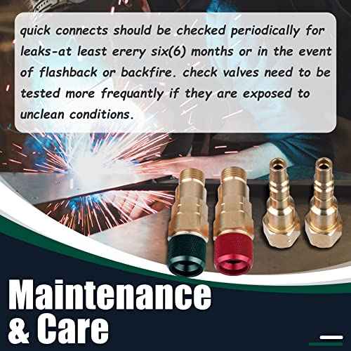 Upgraded QDB10 Torch to Hose Quick Connect Set, With Check Valves. Brass construction color coded for safety (oxy/green, fuel/red).