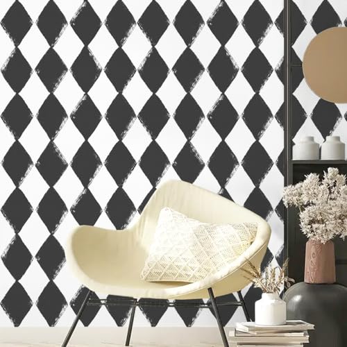 Rugreat Modern Peel and Stick Wallpaper Black and White Geometric Contact Paper for Cabinet Self Adhesive Removable Wallpaper for Bedroom Bathroom Waterproof Black Contact Paper Rhombus 78.8inL17.3inW