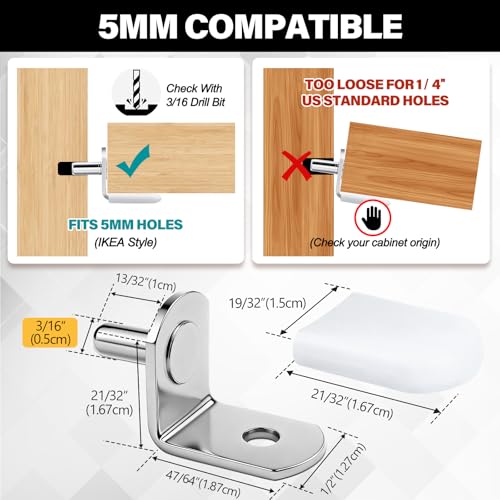 Oimyalsi 5mm Shelf Pegs Pack of 24 with Storage Box - L-Shaped Metal Pins with Anti-Slip Caps for Kitchen, Pantry, Bookcase, Medicine Cabinet & Glass Shelves