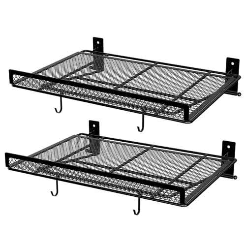 BABKAS 2 Pack Garage Wall Shelving, Metal Garage Wall Shelf with 4 Hooks, Heavy Duty Wall Shelves Mounted for Garage Storage, Laundry Room, Closet and Kitchen | Holds Up to 80 Lbs | 16.5" x 12.2"