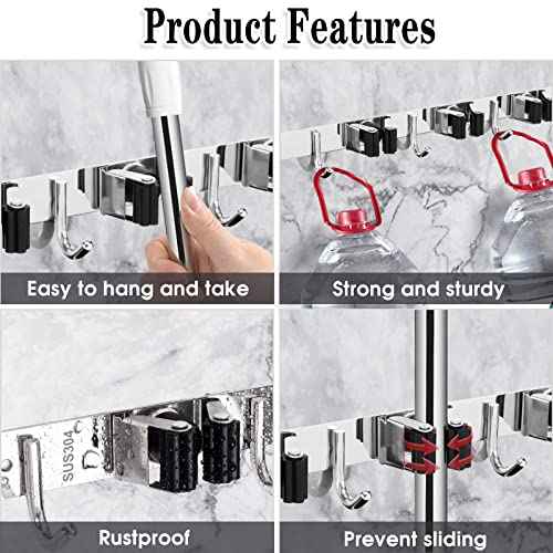 AceMining 5 Racks and 4 Hooks Mop and Broom Holder Wall Mount, Broom Organizer Storage Tool Racks Stainless Steel Heavy Duty Hooks Self Adhesive Solid Non-slip for Home Kitchen Garden Laundry Garage