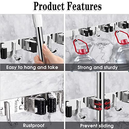AceMining Wall Mount Broom Holder with 5 Racks & 4 Hooks - Silver Heavy Duty Mop Organizer