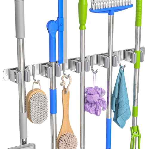 Broom Holder Wall Mount, Mop and Broom Organizer Broom Hanger Storage Tool Utility Racks Stainless Steel Wall Hooks Solid Mop Rack for Home Kitchen Garden Laundry Garage (5 Racks 4 Hooks)