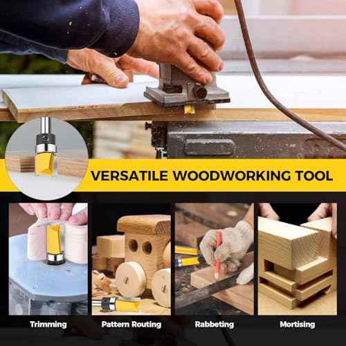 Junreox 4PCS Flush Trim Route Bit 1/4 Shank, Premium Pattern Flush Cut Route Bit with Bearing to Prevent Tear-Out, Straight Cut Carbide Tipped Template Router Bit for Woodworking, Milling, Trimming