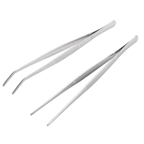 Miupoo Long Handle Stainless Steel Paint Straight and Curved Tweezers Nippers,Extra Long Precision Craft Tweezers Set with Serrated Tips,Silver,2 pieces,9.8Inches