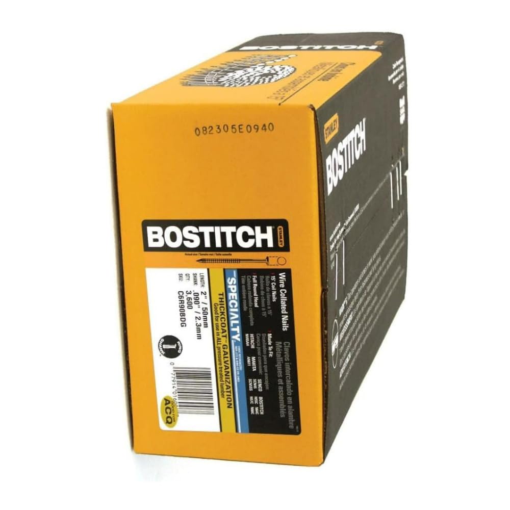 BOSTITCH Siding Nails, Wire Collated Coil, Thickcoat Galvanized, Ring Shank, 15-Degree, 2-Inch x 0.090-Inch, 3600-Pack (C6R90BDG)