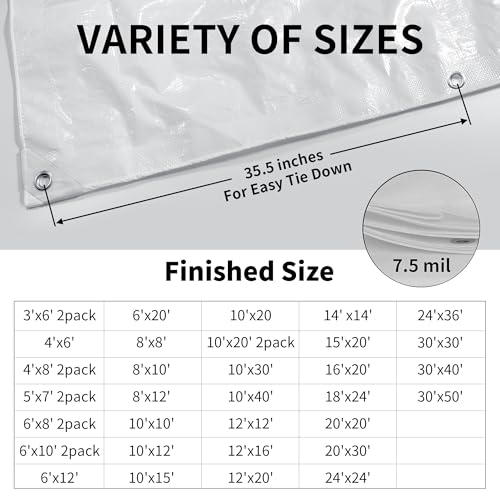 White Waterproof Tarp 8x10 Feet 7.5mil Heavy Duty Poly Cover with Reinforced Grommets