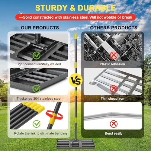 Cogardenshower Heavy Duty 30x10 Inch Stainless Steel Lawn Leveling Rake with Adjustable Handle, Reinforced Welds, Anti-Flipping Edge - 5FT Version