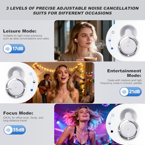 Adjustable Ear Plugs for Sleeping Noise Cancelling - 3 Modes Noise Reduction EarPlugs (17-35dB) for Snoring, Travel & Concerts | 7 Pairs Silicone Tips (XS/S/M/L) | Magnetic Carry Case | White