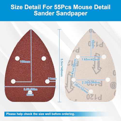 55Pcs Mouse Detail Sander Sandpaper, Professional 40 80 120 180 240 Grits Mouse Sander Pads for Sanding Polishing, 5 Hole Assorted Sander Sandpaper for Detail Mouse Sander