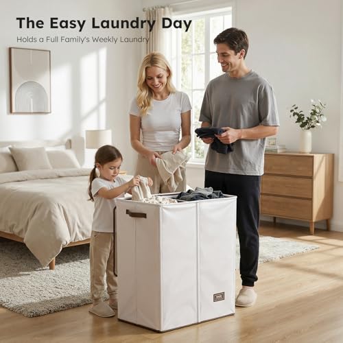 SOLEDI 145L Off-White Luxury Double Laundry Hamper with Lid & Removable Bags, 2-Compartment Collapsible Basket