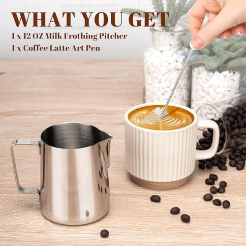 Amrules 12oz Stainless Steel Milk Frothing Pitcher with Latte Art Pen - Silver