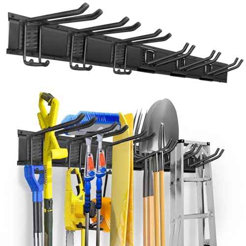 Garden Tool Organizer Wall Mount, Heavy Duty 48 Inches Garage Organization and Storage Racks for Yard Tools with 6 Hooks, Tool Hangers Holders for Hanging Folding Chair, Rake and Shovel