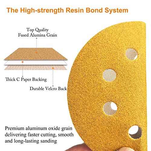 5-Inch 8-Hole Hook and Loop Sanding Discs 220-Grit Random Orbit Sandpaper, 50-Pack