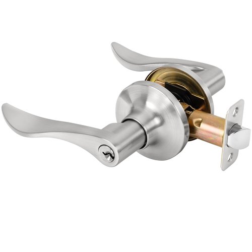 RAFECIEE Keyed Entry Door Lever, Door Handle with Lock and Key, Exterior ＆ Interior Door Handle for Bedroom, Wave Style Lever Satin Nickel, Reversible for Left/Right