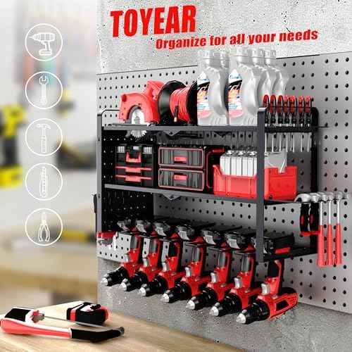 Mens Gifts Power Tool Organizer Wall Mount With Pegboard - 7 Drill Holder - Garage Organization Storage Rack For Cordless Tool - Heavy Duty Metal Tool Shelf