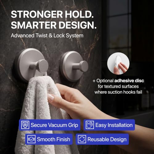 HOME SO Brushed Nickel Suction Cup Hooks 2-Pack - No Drilling Bathroom Towel Holders