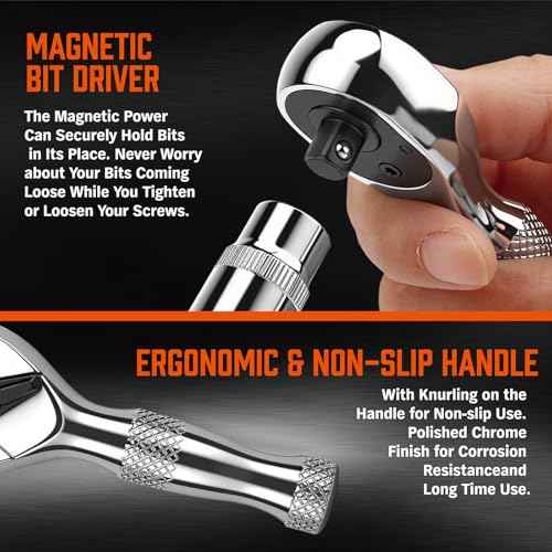 HORUSDY 1/4-Inch Stubby Ratchet Wrench Set, Chrome Alloy 90-Tooth Reversible 1/4" Drive Handle with Magnetic Bit Driver & 1/4" to 3/8" Adapter, Compact Socket Wrench for Tight Spaces, Auto, DIY