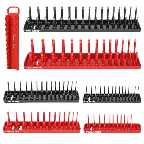TOOLEAGUE 7Pcs Socket Organizer Tray and Magnetic Wrench Holder Set,Red SAE & Black Metric, 1/2", 1/4", 3/8" Socket Storage Trays for Tool Box Drawer