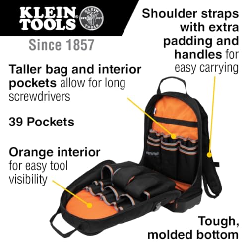 Klein Tools Low Profile Tool Backpack with 39 Pockets - Black/Orange/Gray