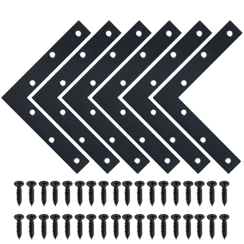 SAYAYO 6-Pack Black Stainless Steel L Brackets 150x150mm Flat Mending Plates for Furniture