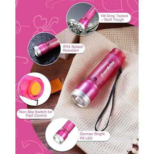 EverBrite Mini Flashlight, LED Flash Light with 3 Modes, 3 AAA Batteries Included, Water-Resistant Small Flashlight for Emergencies and Camping, Pink, 1 Pack