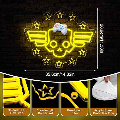 Skull Neon Sign for Wall Decor - Hero Diver Game Neon Acrylic USB Powered LED Wall Art Decor, Light Up Sign Dimmable, for Man Cave Game Room Bedroom Birthday Party Christmas 14.02" x 11.38"