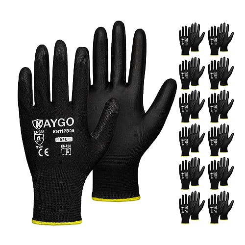 KAYGO Safety Work Gloves Black Large PU Coated Palm & Fingers KG11P