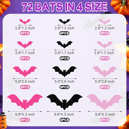 Pink & Black 72 Pcs 3D Bat Wall Decor Stickers Halloween Decorations
