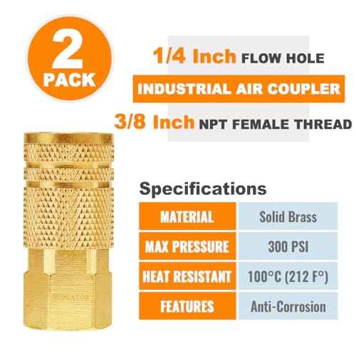 SUNGATOR 2 Pack 3/8'' Female NPT Industrial Air Hose Fitting, Brass 3/8'' FNPT to 1/4'' Flow Hole Air Couplers, M-Style Pneumatic Air Fittings, 3/8 Inch Quick Connect Air Couplers