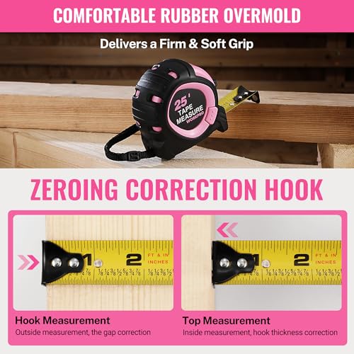 WORKPRO 25-FT Tape Measure with Fractions, Magnetic Hook, Nylon Coated Blade, Compact Locking Tool, Pink