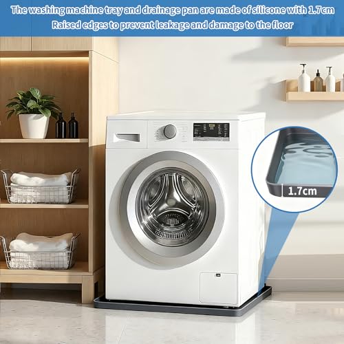 QSXVTR Grey 27x27 in Silicone Washing Machine Drain Pan with 0.79 in Raised Edge, Leak-Proof Non-Slip Floor Protector