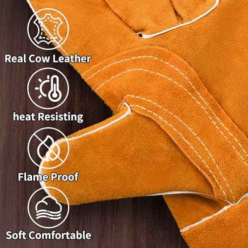 16 Inch Leather Welding Gloves Fire Heat Resistant for Men & Women in Mig Tig Stick Welding or Wood Stove, X-Large